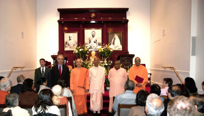 2. NOV 11 2012 -  PARTICIPANTS (left to right- Kenneth Slawenski (author), Dr. Stan Lumish (center president), Swami Tyagananda, Swami Chetanananda, Swami Tathagatananda, Swami Yuktatmananda